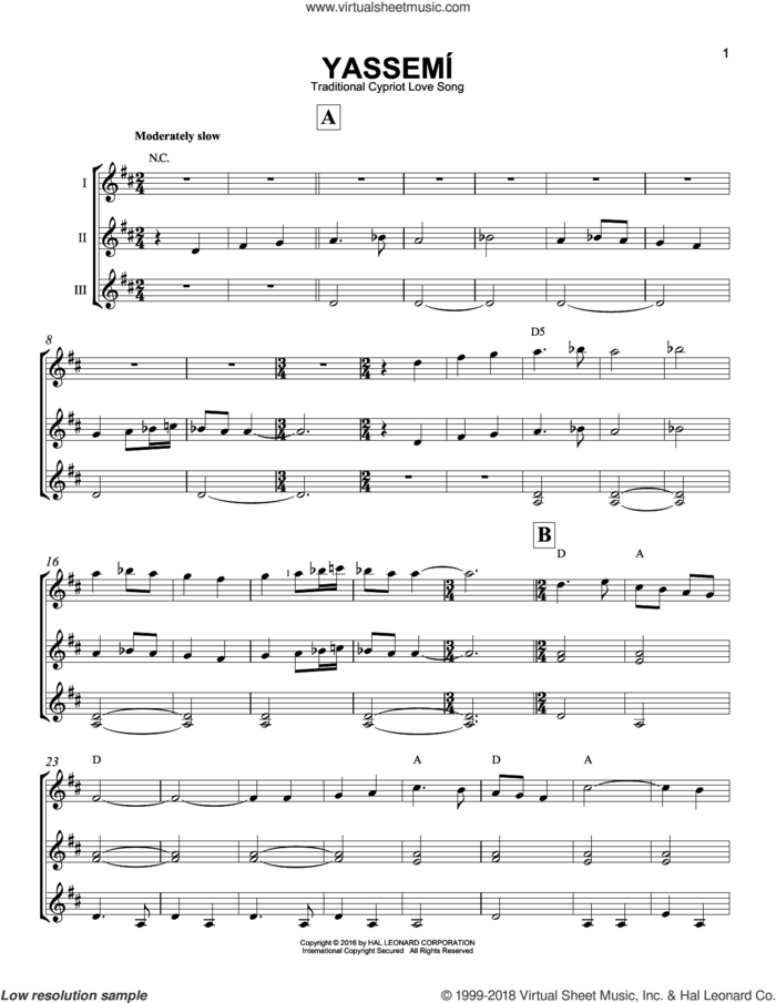 Yassemi sheet music for guitar ensemble by Traditional Cypriot Love Song, intermediate skill level