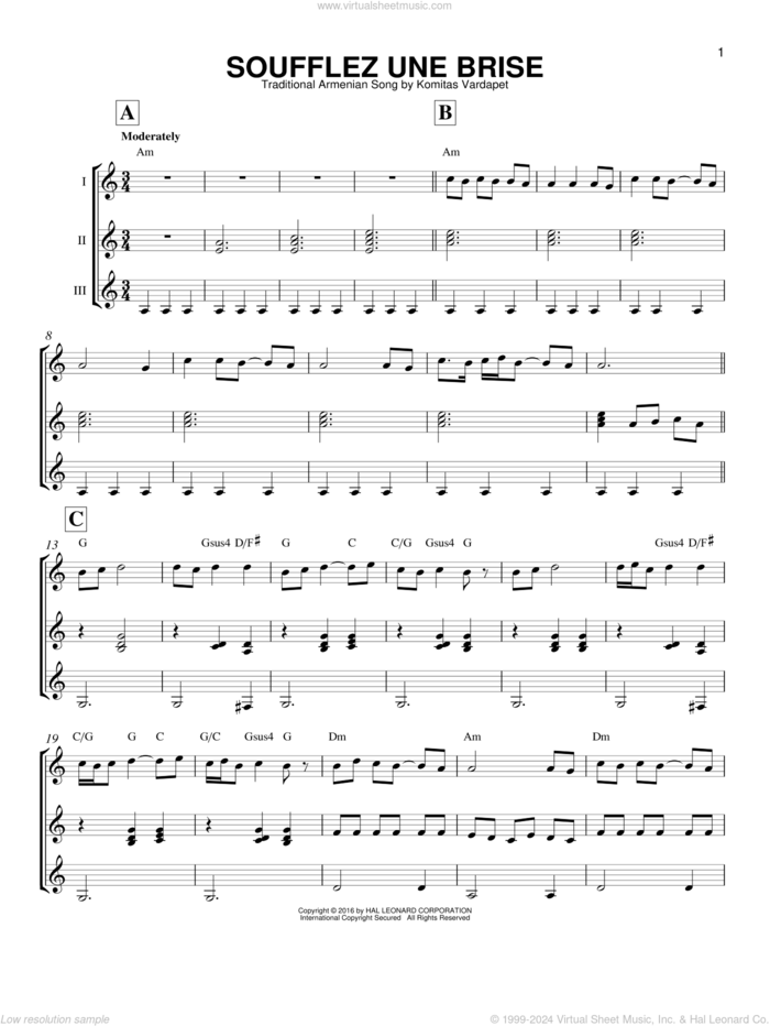 Soufflez Une Brise sheet music for guitar ensemble by Traditional Armenian Song and Komitas Verdapet, intermediate skill level