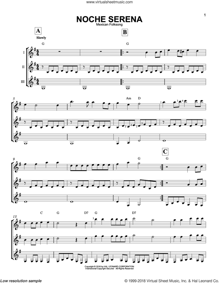 Noche Serena sheet music for guitar ensemble by Mexican Folksong, intermediate skill level