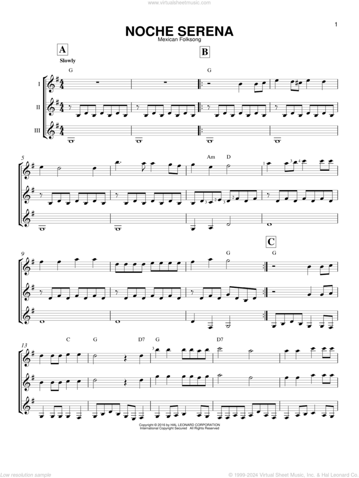 Noche Serena sheet music for guitar ensemble by Mexican Folksong, intermediate skill level