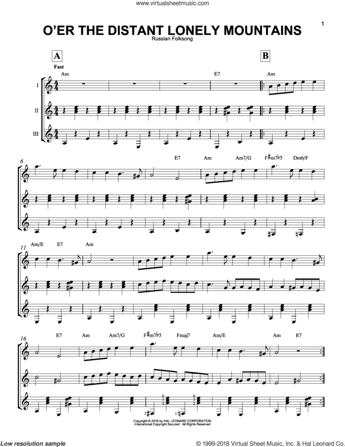 O'er The Distant Lonely Mountains sheet music for guitar ensemble by Russian Folksong, intermediate skill level