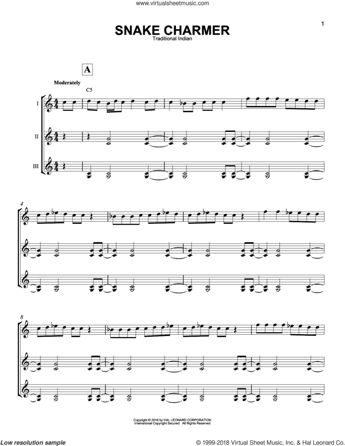Snake Charmer sheet music for guitar ensemble by Traditional Indian, intermediate skill level