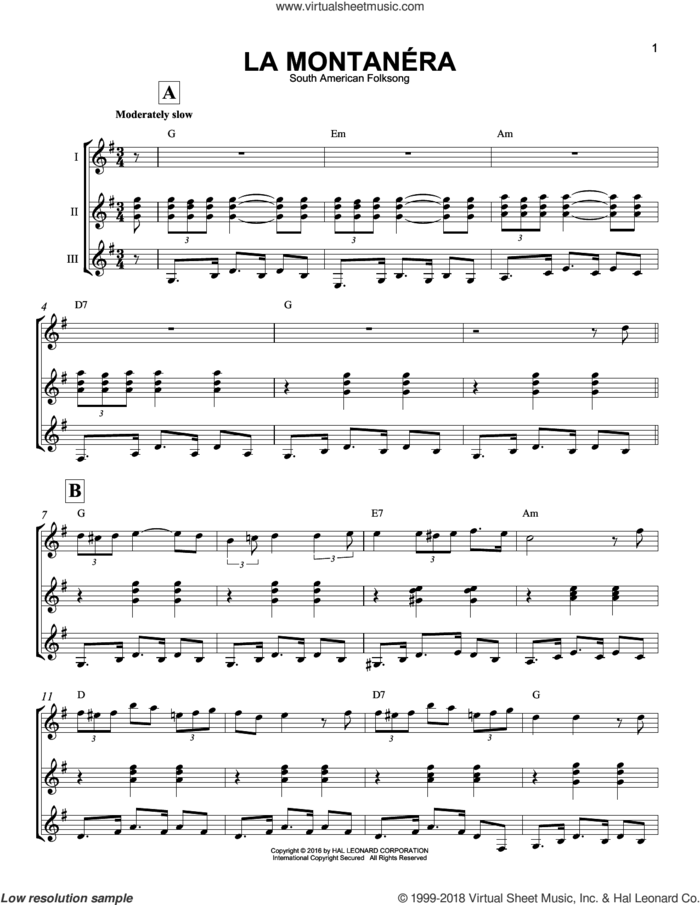 La Montanera sheet music for guitar ensemble by South American Folksong, intermediate skill level