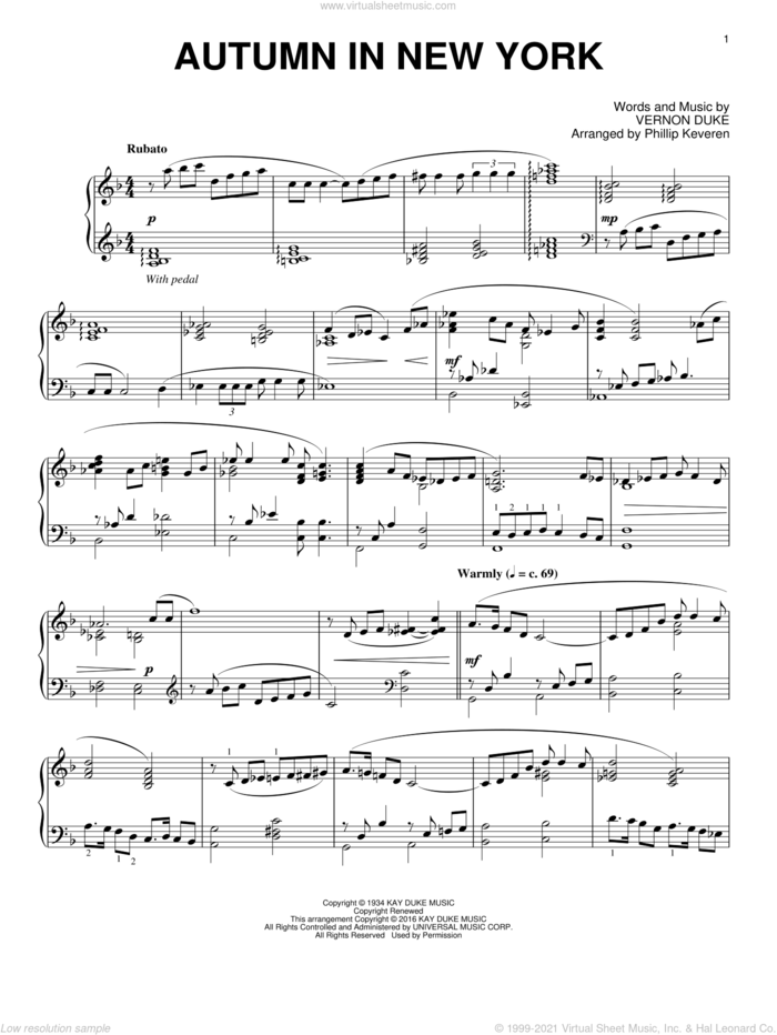 Autumn In New York (arr. Phillip Keveren) sheet music for piano solo by Vernon Duke, Phillip Keveren, Bud Powell and Jo Stafford, intermediate skill level