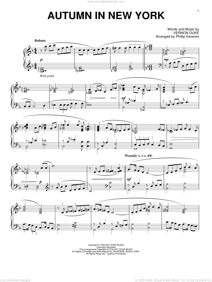 Autumn In New York (arr. Phillip Keveren) sheet music for piano solo by Vernon Duke, Phillip Keveren, Bud Powell and Jo Stafford, intermediate skill level