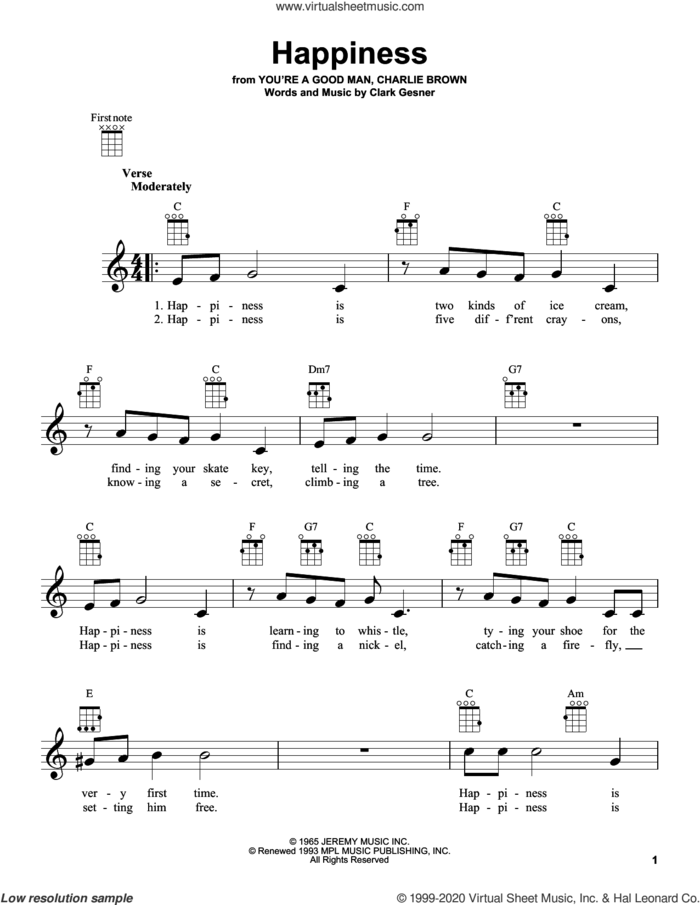 Happiness sheet music for ukulele by Clark Gesner, intermediate skill level