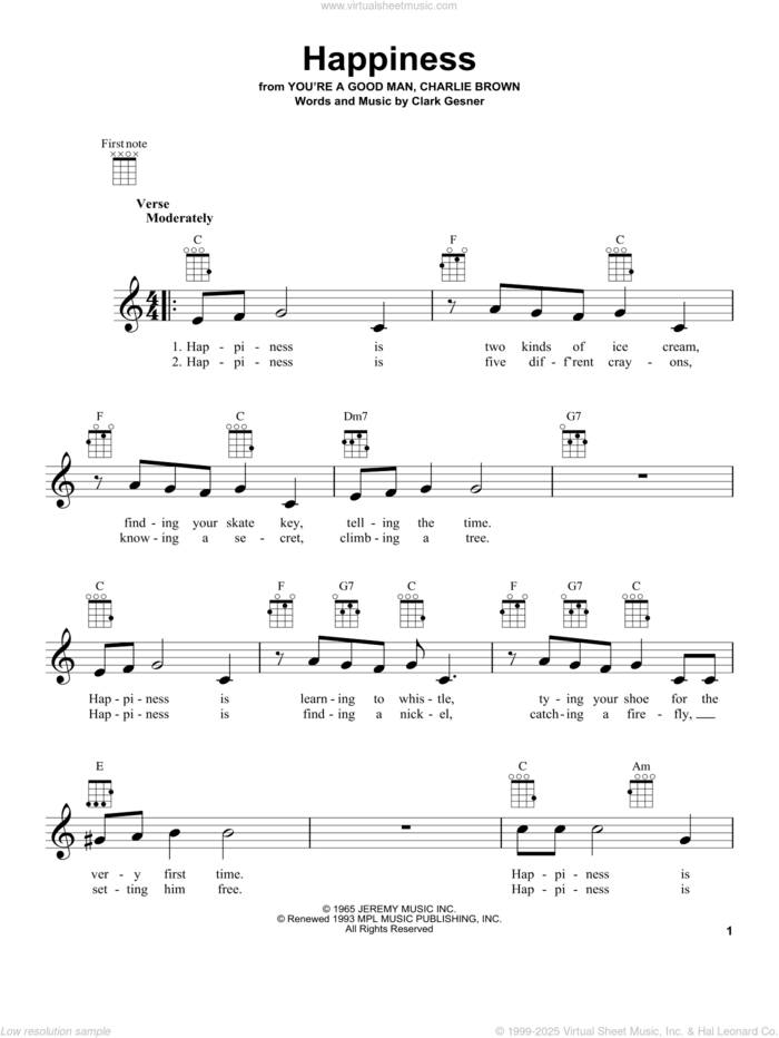 Happiness sheet music for ukulele by Clark Gesner, intermediate skill level