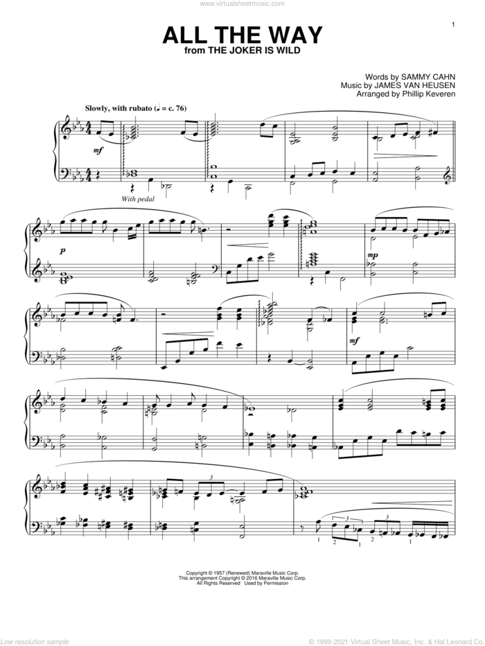 All The Way (arr. Phillip Keveren) sheet music for piano solo by Sammy Cahn, Phillip Keveren, Frank Sinatra, Kenny G and Jimmy van Heusen, intermediate skill level