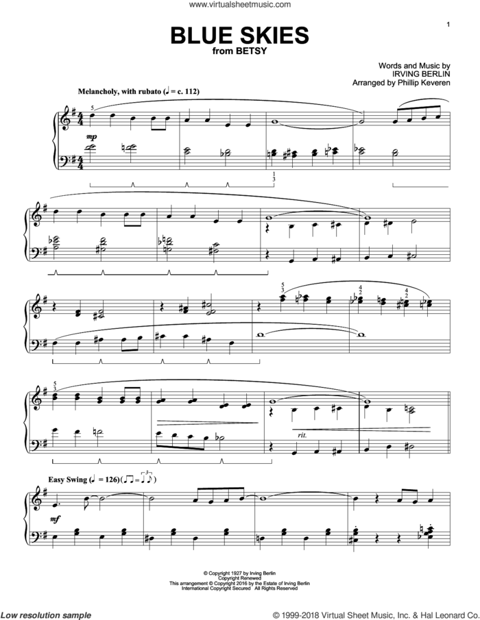 Blue Skies (arr. Phillip Keveren) sheet music for piano solo by Irving Berlin, Phillip Keveren and Willie Nelson, intermediate skill level