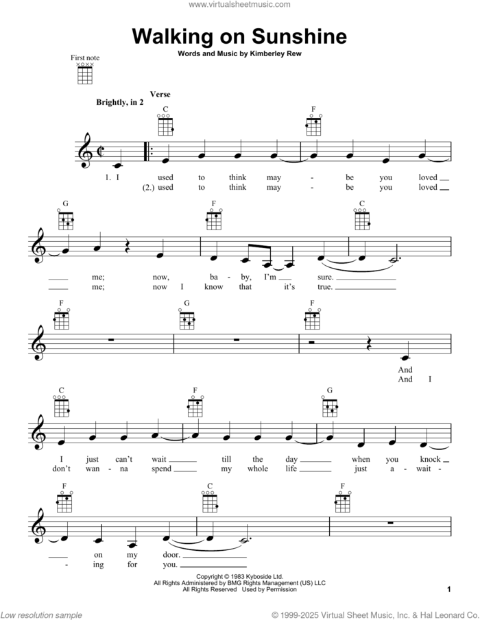 Walking On Sunshine sheet music for ukulele by Katrina And The Waves and Kimberley Rew, intermediate skill level