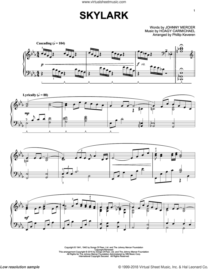 Skylark (arr. Phillip Keveren) sheet music for piano solo by Johnny Mercer, Phillip Keveren and Hoagy Carmichael, intermediate skill level