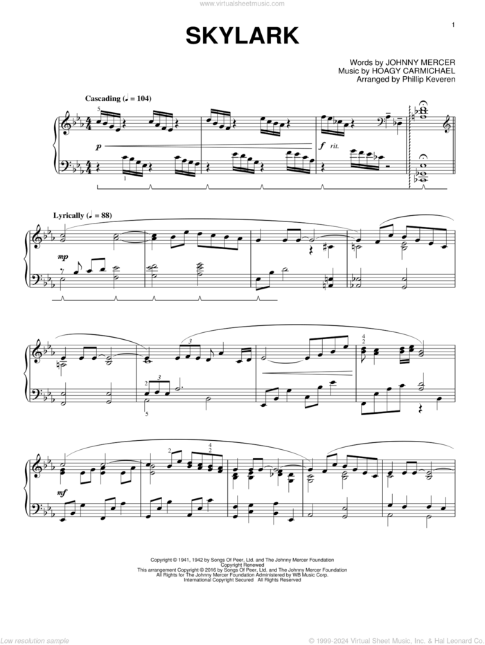 Skylark (arr. Phillip Keveren) sheet music for piano solo by Johnny Mercer, Phillip Keveren and Hoagy Carmichael, intermediate skill level