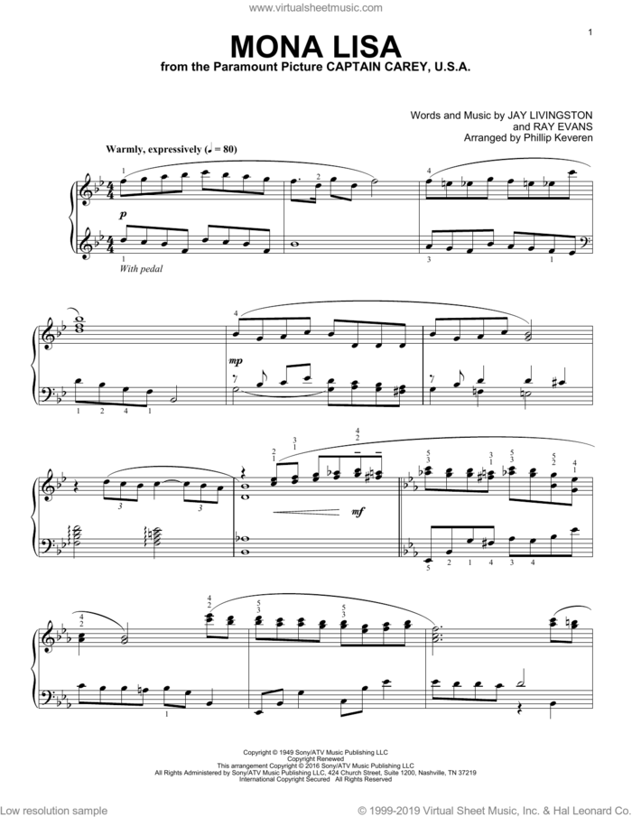 Mona Lisa (arr. Phillip Keveren) sheet music for piano solo by Jay Livingston, Phillip Keveren, Nat King Cole and Ray Evans, intermediate skill level