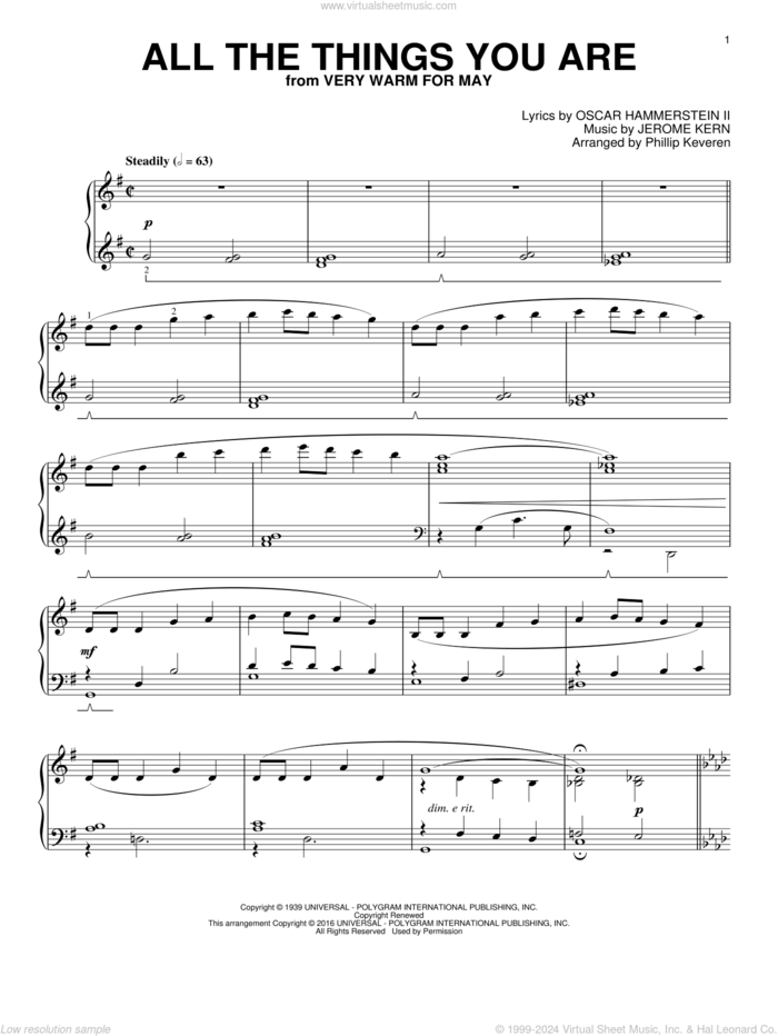 All The Things You Are (arr. Phillip Keveren), (intermediate) sheet music for piano solo by Oscar II Hammerstein, Phillip Keveren, Jack Leonard with Tommy Dorsey Orchestra and Jerome Kern, intermediate skill level