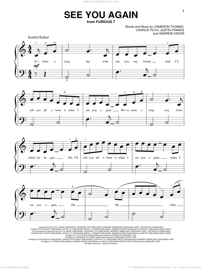 See You Again sheet music for piano solo by Wiz Khalifa feat. Charlie Puth, Andrew Cedar, Cameron Thomaz, Charlie Puth and Justin Franks, beginner skill level