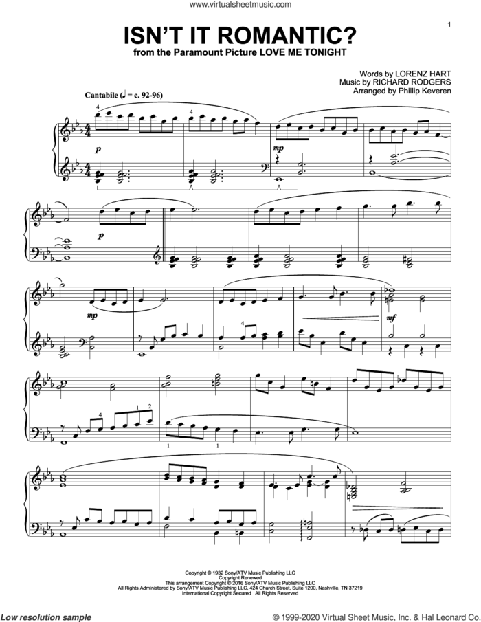 Isn't It Romantic? (arr. Phillip Keveren) sheet music for piano solo by Richard Rodgers, Phillip Keveren, Shirley Horn and Lorenz Hart, intermediate skill level