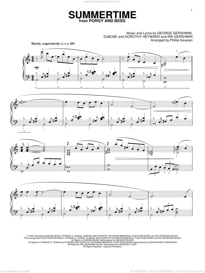 Summertime (arr. Phillip Keveren) sheet music for piano solo by Ira Gershwin, Phillip Keveren, George Gershwin, Dorothy Heyward and DuBose Heyward, intermediate skill level
