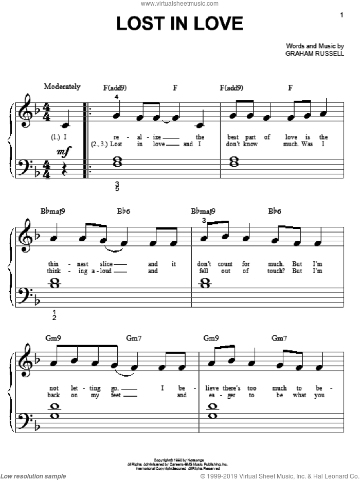 Lost In Love sheet music for piano solo (big note book) by Air Supply and Graham Russell, easy piano (big note book)