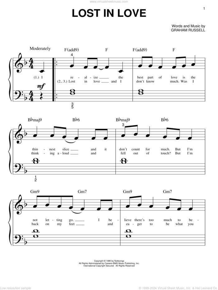 Lost In Love sheet music for piano solo (big note book) by Air Supply and Graham Russell, easy piano (big note book)