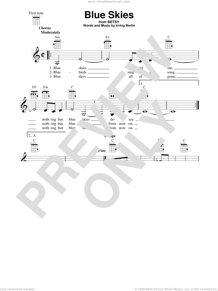 Blue Skies sheet music for ukulele by Irving Berlin, intermediate skill level