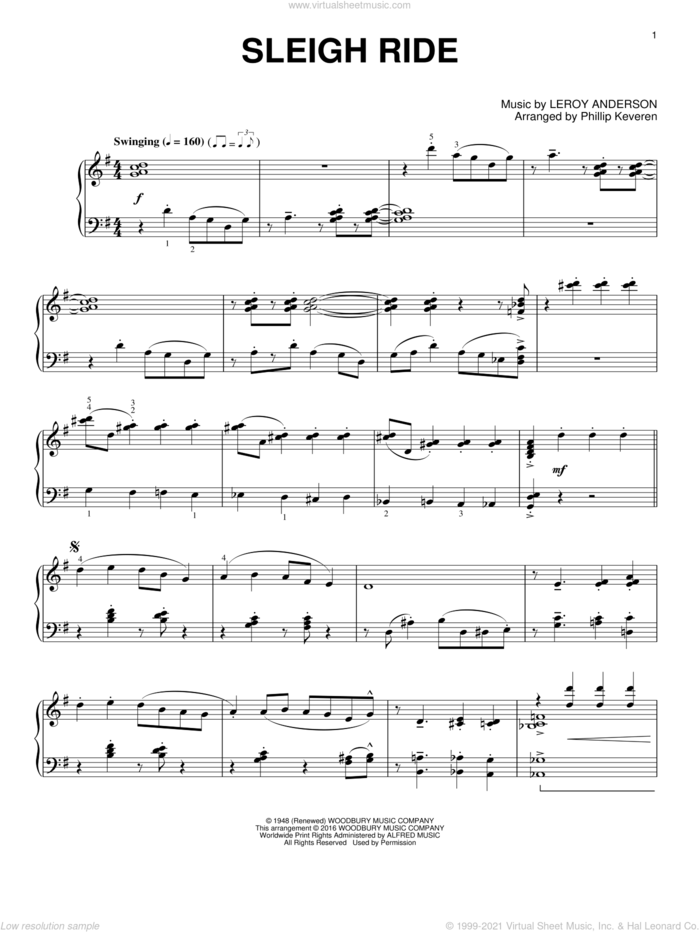 Sleigh Ride (arr. Phillip Keveren) sheet music for piano solo by Leroy Anderson, Phillip Keveren and Mitchell Parish, intermediate skill level
