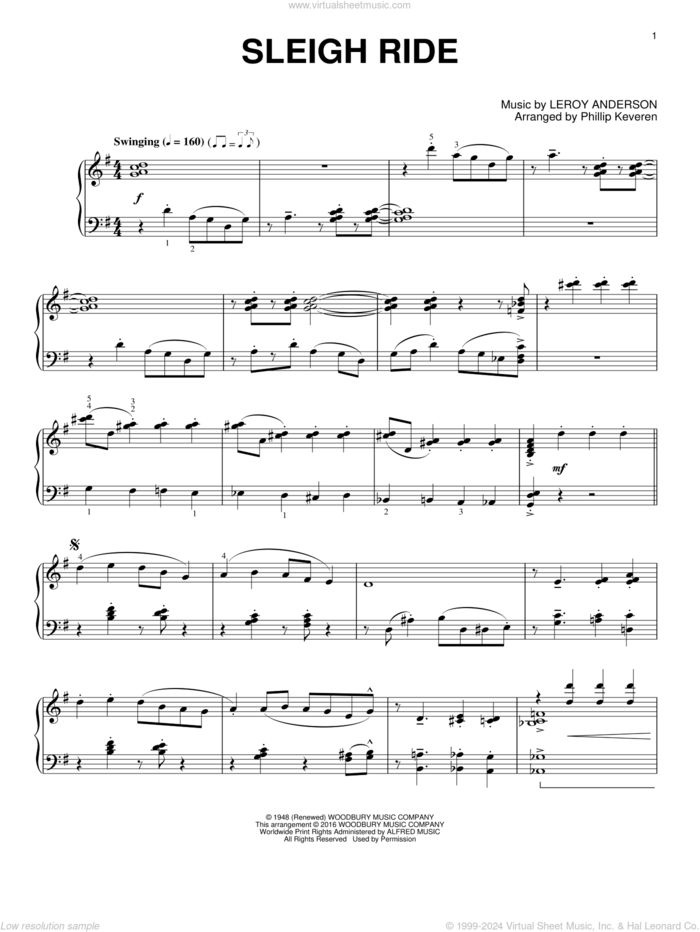 Sleigh Ride (arr. Phillip Keveren) sheet music for piano solo by Leroy Anderson, Phillip Keveren and Mitchell Parish, intermediate skill level