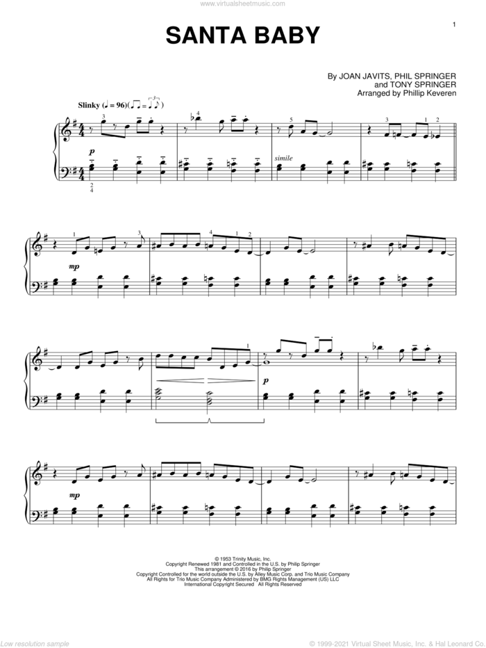 Santa Baby (arr. Phillip Keveren) sheet music for piano solo by Joan Javits, Phillip Keveren, Kellie Pickler, Phil Springer and Tony Springer, intermediate skill level