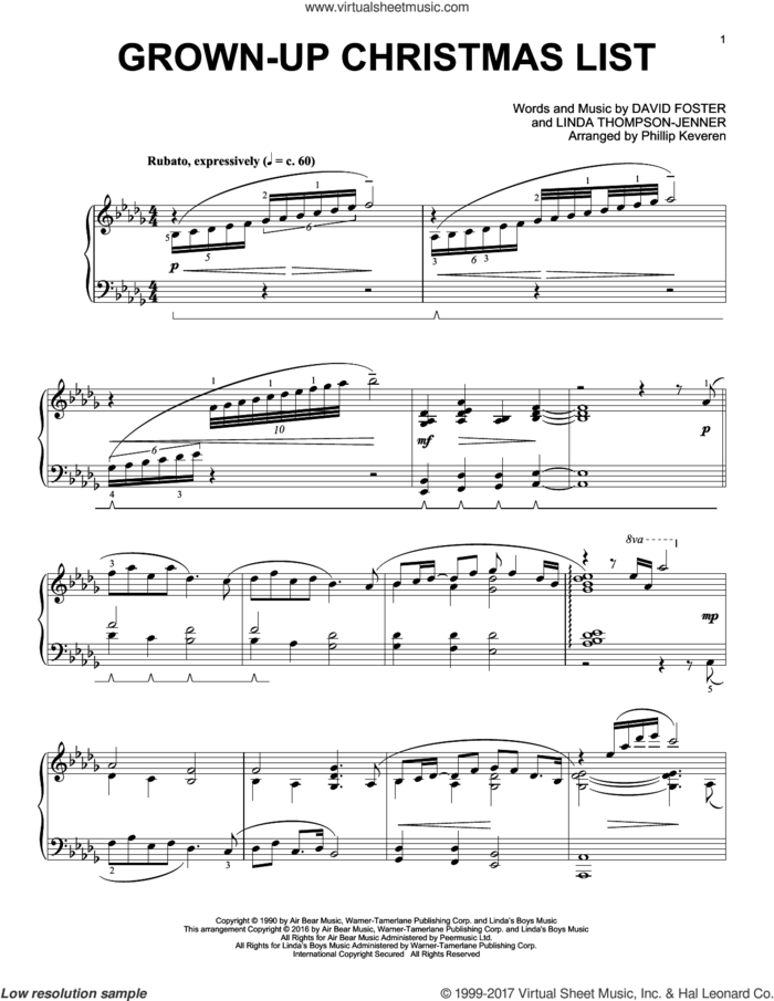 Grown-Up Christmas List (arr. Phillip Keveren) sheet music for piano solo by David Foster, Phillip Keveren, Amy Grant and Linda Thompson-Jenner, intermediate skill level