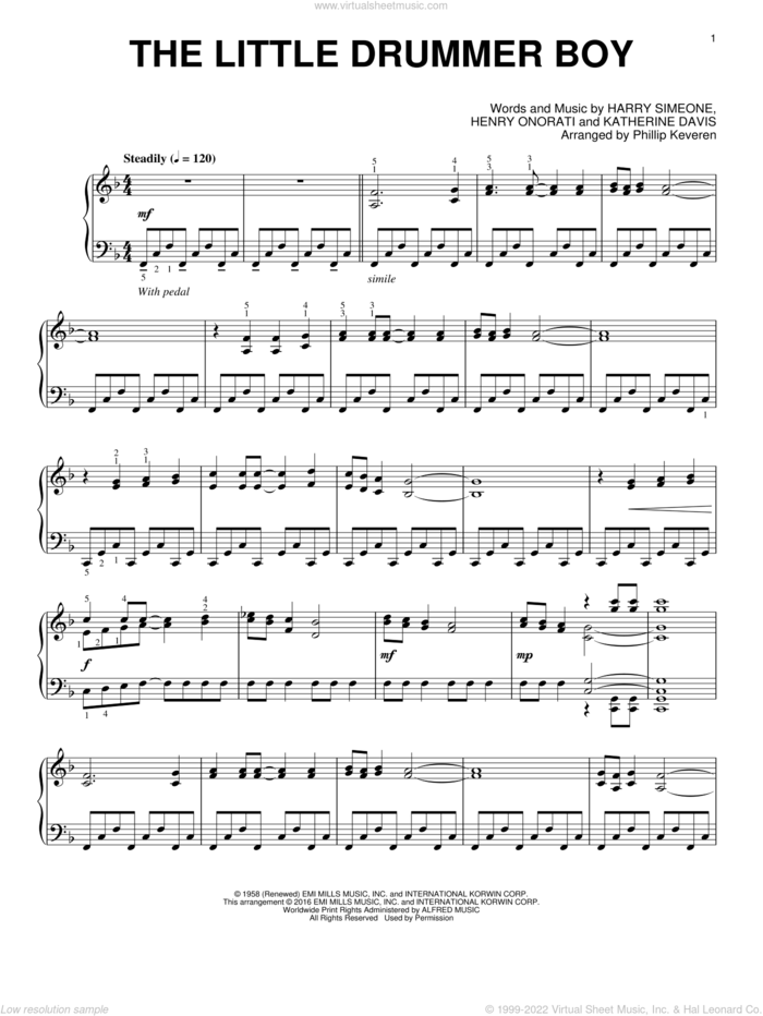 The Little Drummer Boy (arr. Phillip Keveren) sheet music for piano solo by Katherine Davis, Phillip Keveren, Gloria Gaynor, Josh Groban featuring Andy McKee, Toby Keith, Wilson Phillips, Harry Simeone and Henry Onorati, intermediate skill level
