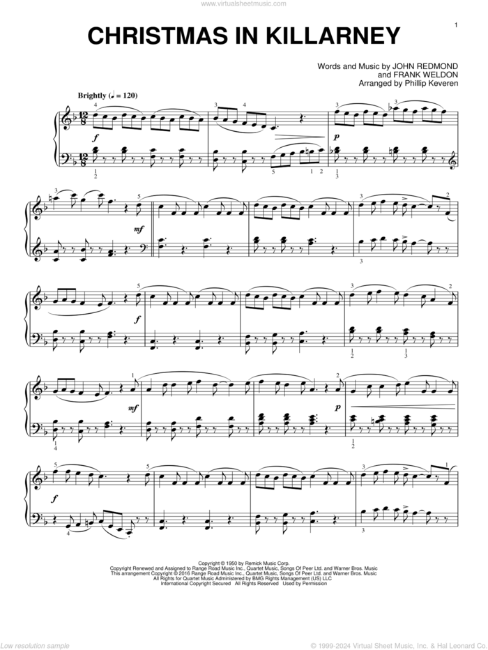 Christmas In Killarney (arr. Phillip Keveren) sheet music for piano solo by John Redmond, Phillip Keveren and Frank Weldon, intermediate skill level