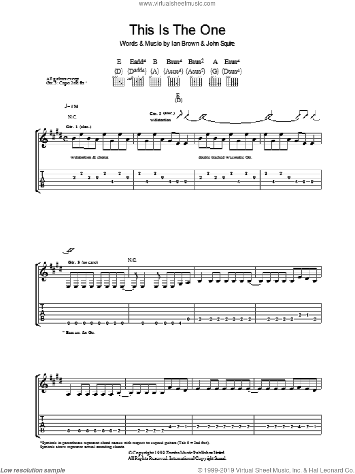 This is The One sheet music for guitar (tablature) by The Stone Roses, Ian Brown and John Squire, intermediate skill level