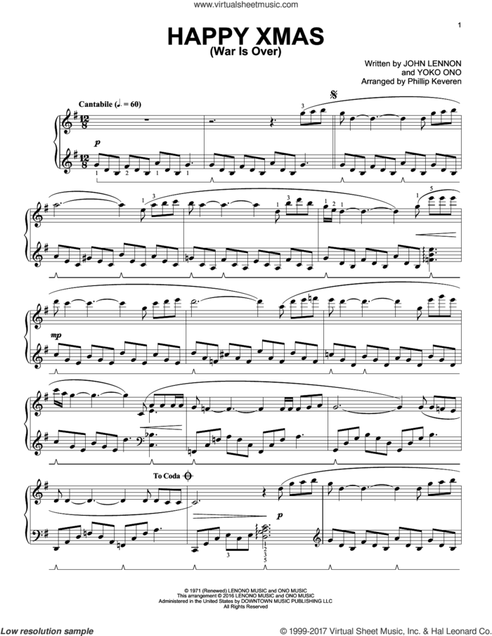 Happy Xmas (War Is Over) (arr. Phillip Keveren) sheet music for piano solo by John Lennon, Phillip Keveren, John & Yoko Ono w/Harlem Comm., Sarah McLachlan, The Fray and Yoko Ono, intermediate skill level
