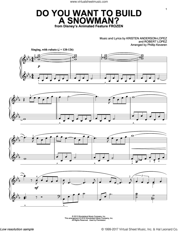 Do You Want To Build A Snowman? (from Frozen) (arr. Phillip Keveren) sheet music for piano solo by Robert Lopez, Phillip Keveren, Kristen Bell, Agatha Lee Monn & Katie Lopez and Kristen Anderson-Lopez, intermediate skill level