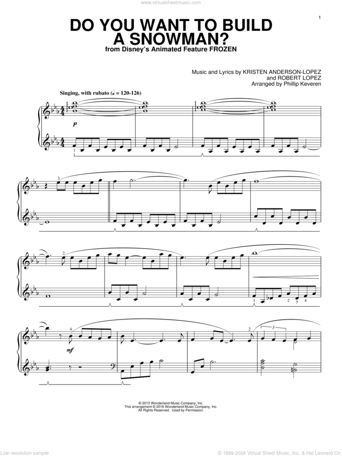 Do You Want To Build A Snowman? (from Frozen) (arr. Phillip Keveren) sheet music for piano solo by Robert Lopez, Phillip Keveren, Kristen Bell, Agatha Lee Monn & Katie Lopez and Kristen Anderson-Lopez, intermediate skill level