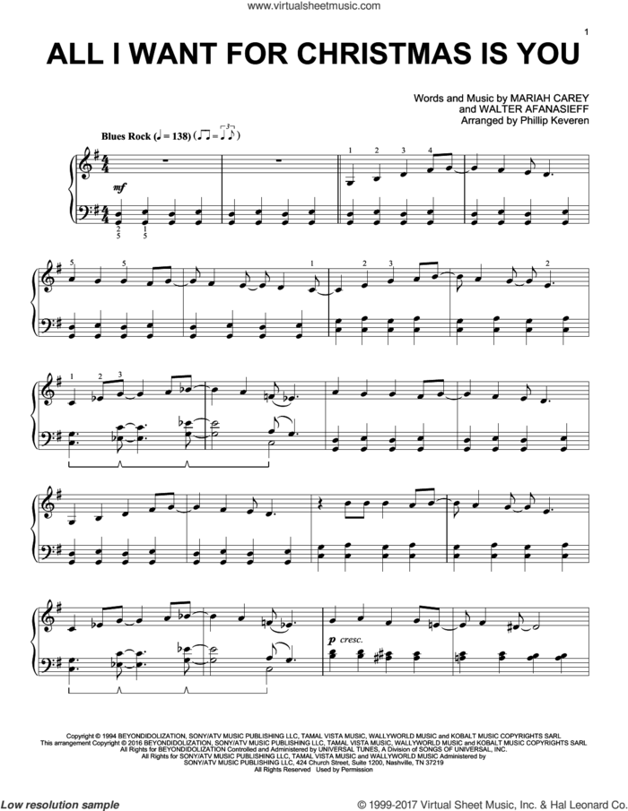 All I Want For Christmas Is You (arr. Phillip Keveren) sheet music for piano solo by Mariah Carey, Phillip Keveren, Justin Bieber Duet With Mariah Carey, Lady Antebellum, Michael Buble and Walter Afanasieff, intermediate skill level
