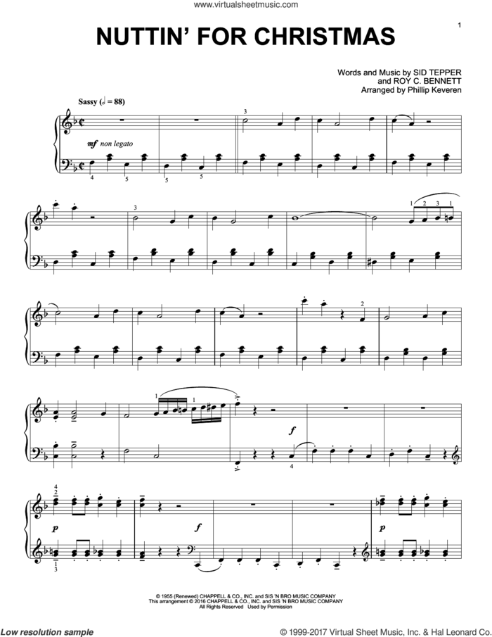 Nuttin' For Christmas (arr. Phillip Keveren) sheet music for piano solo by Sid Tepper, Phillip Keveren and Roy Bennett, intermediate skill level