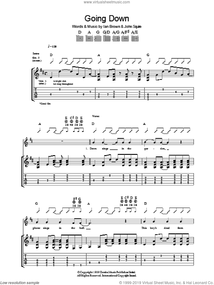 Going Down sheet music for guitar (tablature) by The Stone Roses, Ian Brown and John Squire, intermediate skill level