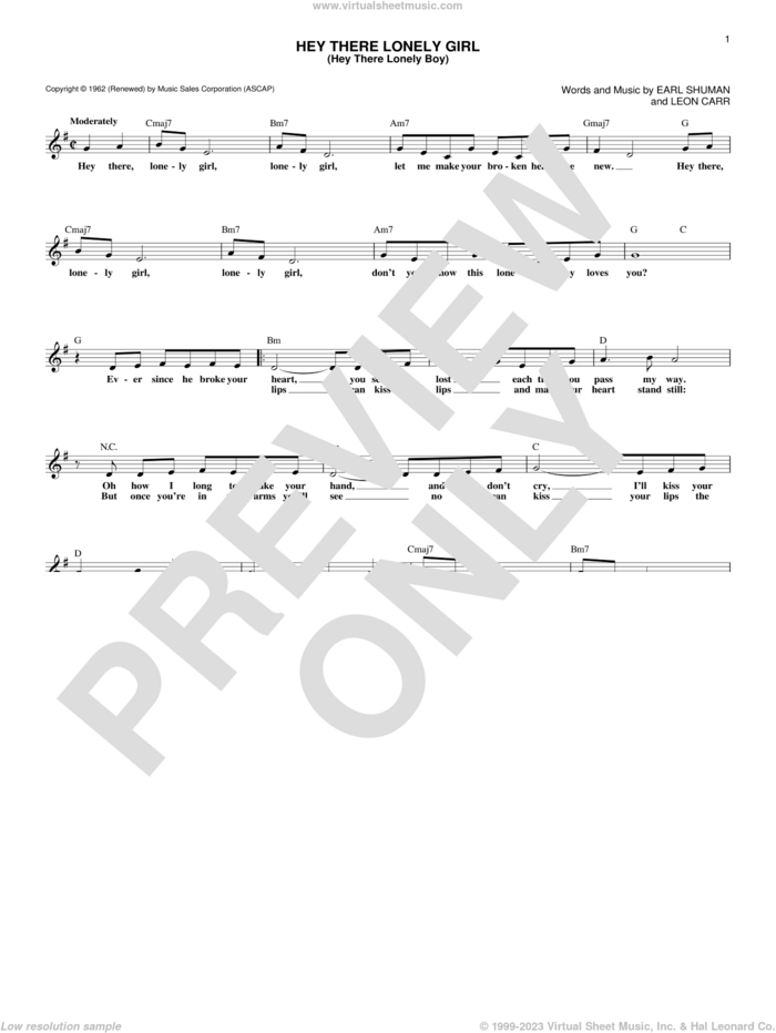 Hey There Lonely Girl (Hey There Lonely Boy) sheet music for voice and other instruments (fake book) by Ruby & The Romantics, Eddie Holman, Earl Shuman and Leon Carr, intermediate skill level