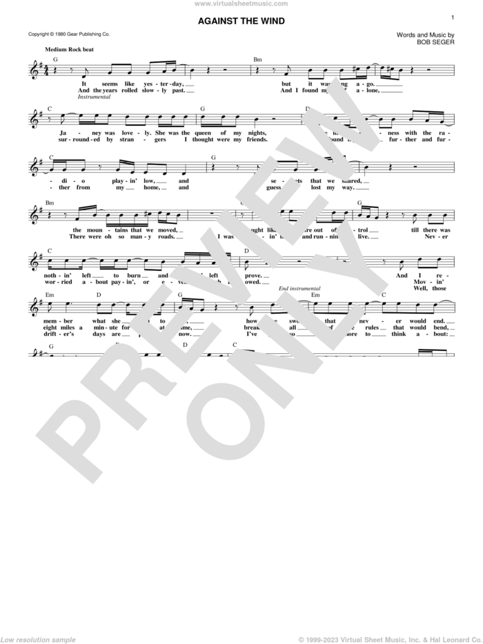 Against The Wind sheet music for voice and other instruments (fake book) by Bob Seger and Bob Seger & The Silver Bullet Band, intermediate skill level