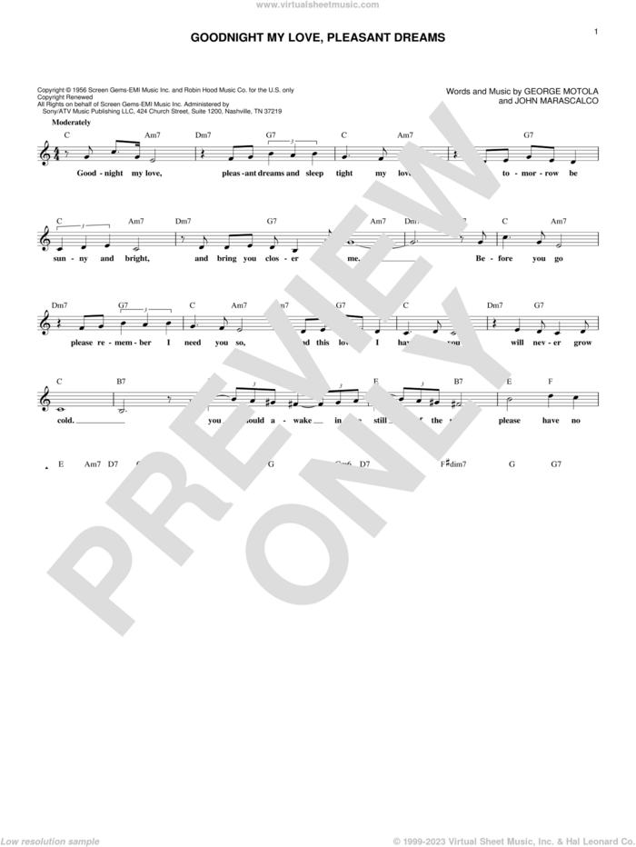 Goodnight My Love, Pleasant Dreams sheet music for voice and other instruments (fake book) by McGuire Sisters, Jesse Belvin, Paul Anka, George Motola and John Marascalco, intermediate skill level