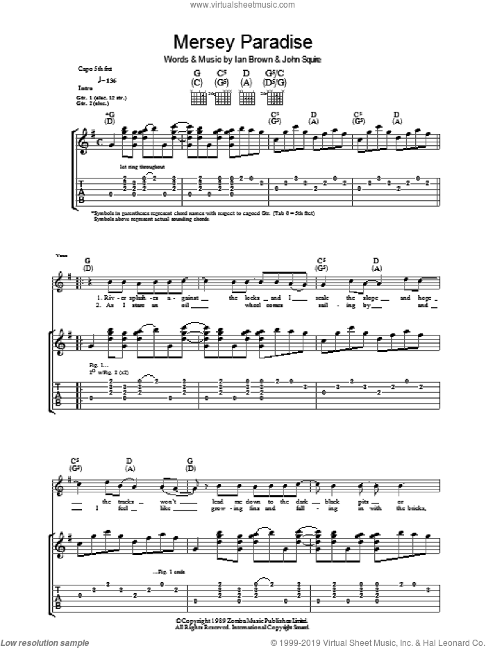 Mersey Paradise sheet music for guitar (tablature) by The Stone Roses, Ian Brown and John Squire, intermediate skill level