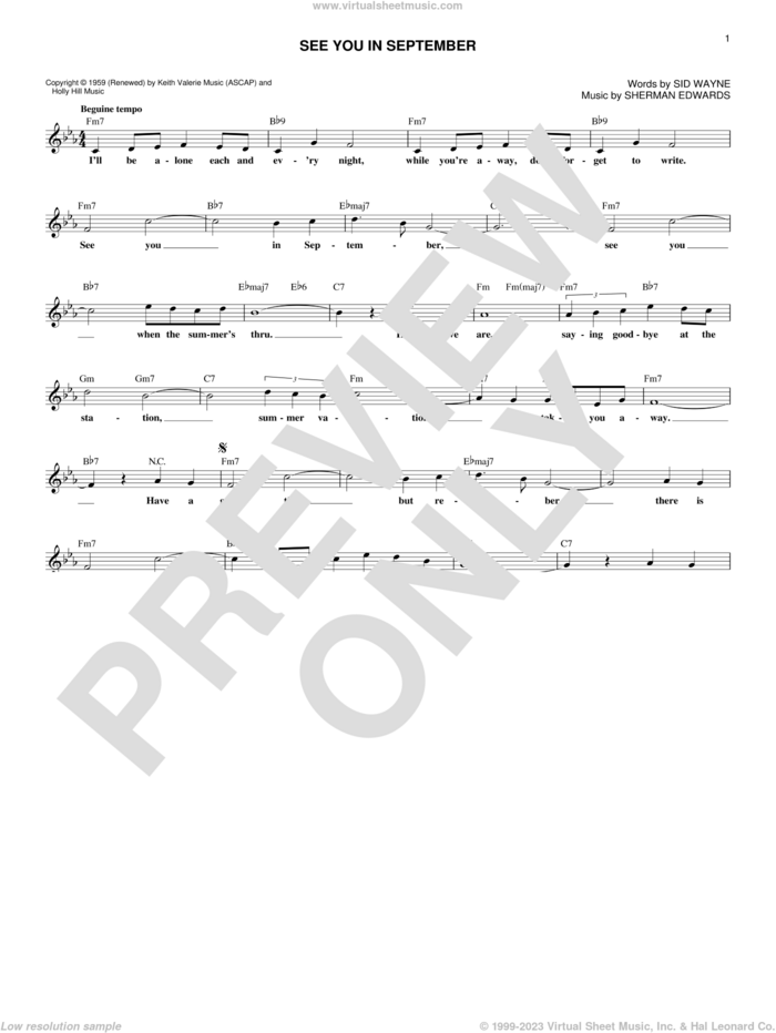 See You In September sheet music for voice and other instruments (fake book) by The Happenings, Tempos, Sherman Edwards and Sid Wayne, intermediate skill level