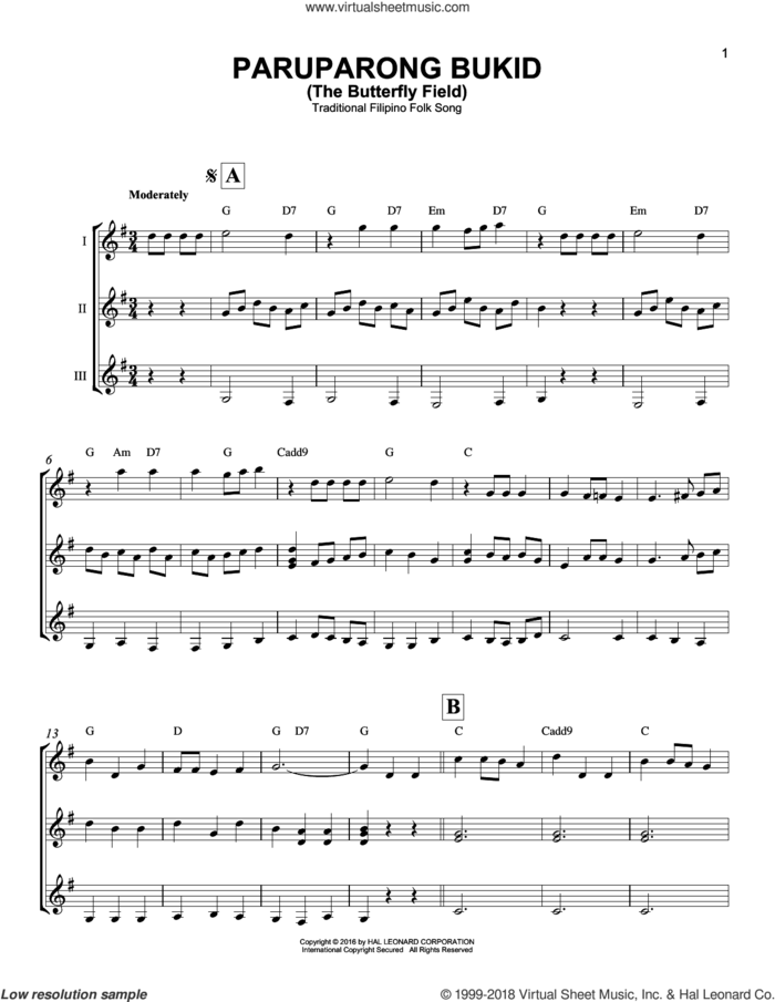Paruparong Bukid (The Butterfly Field) sheet music for guitar ensemble by Traditional Filipino Folk Song, intermediate skill level