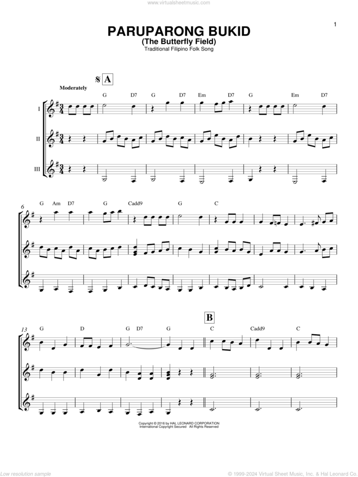 Paruparong Bukid (The Butterfly Field) sheet music for guitar ensemble by Traditional Filipino Folk Song, intermediate skill level