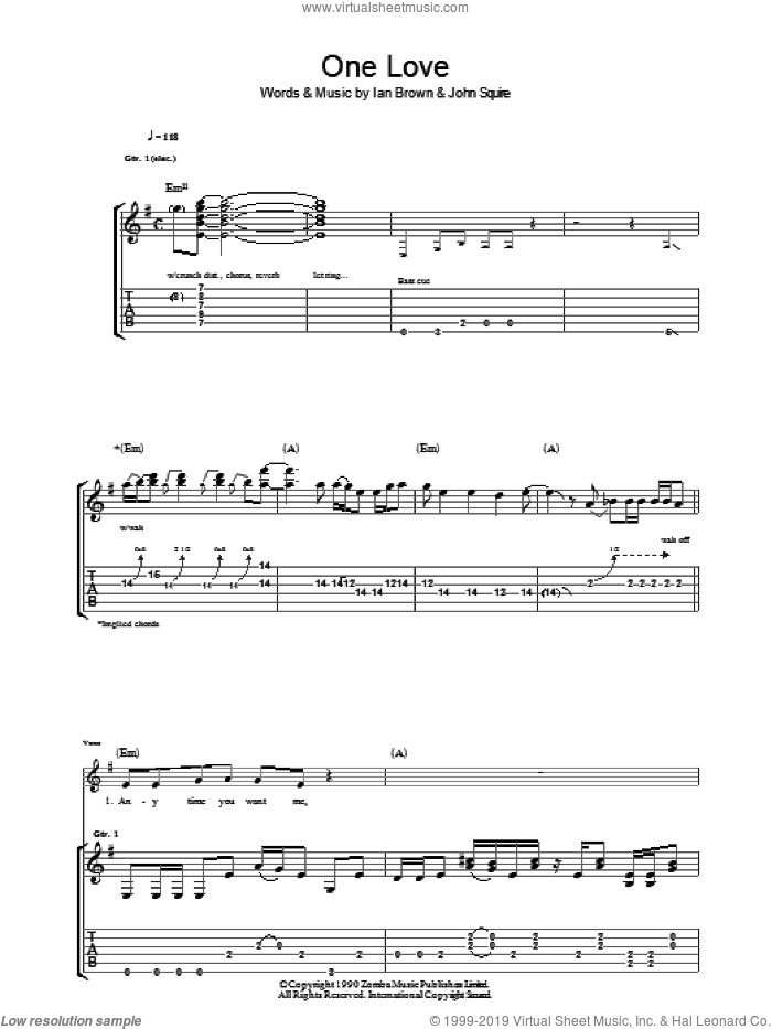 One Love sheet music for guitar (tablature) by The Stone Roses, Ian Brown and John Squire, intermediate skill level