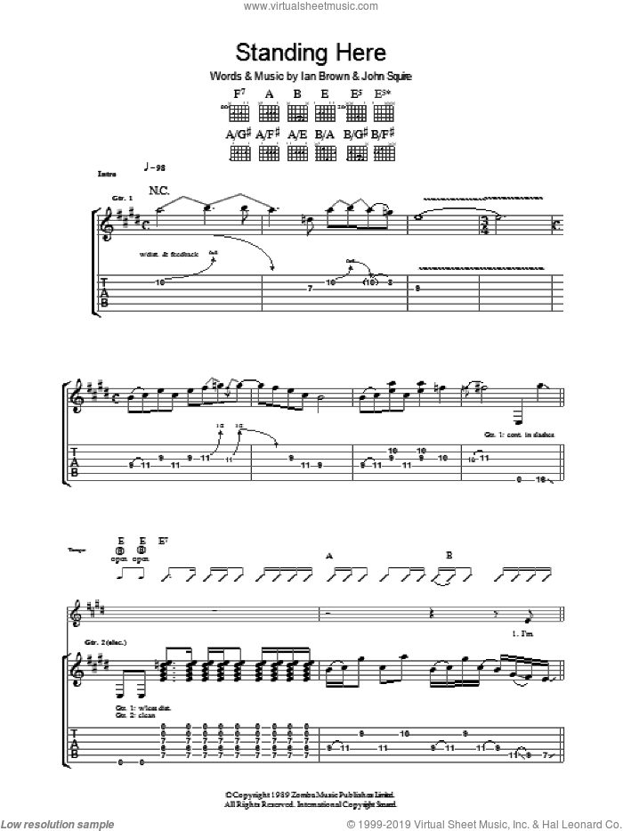 Standing Here sheet music for guitar (tablature) by The Stone Roses, Ian Brown and John Squire, intermediate skill level