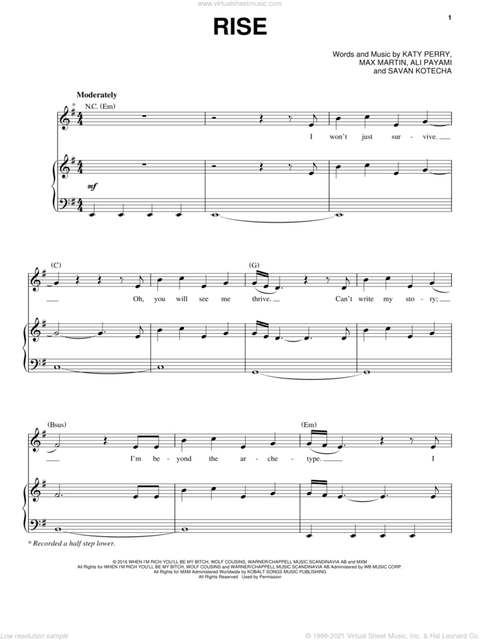 Rise sheet music for voice, piano or guitar by Katy Perry, Ali Payami, Max Martin and Savan Kotecha, intermediate skill level