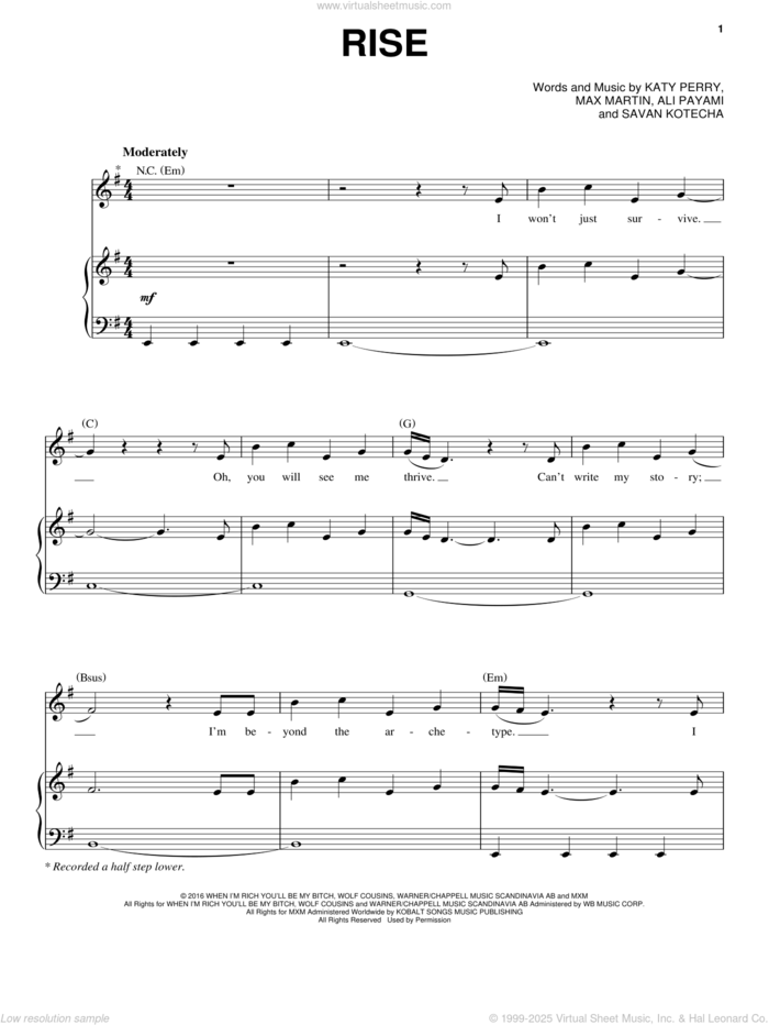 Rise sheet music for voice, piano or guitar by Katy Perry, Ali Payami, Max Martin and Savan Kotecha, intermediate skill level