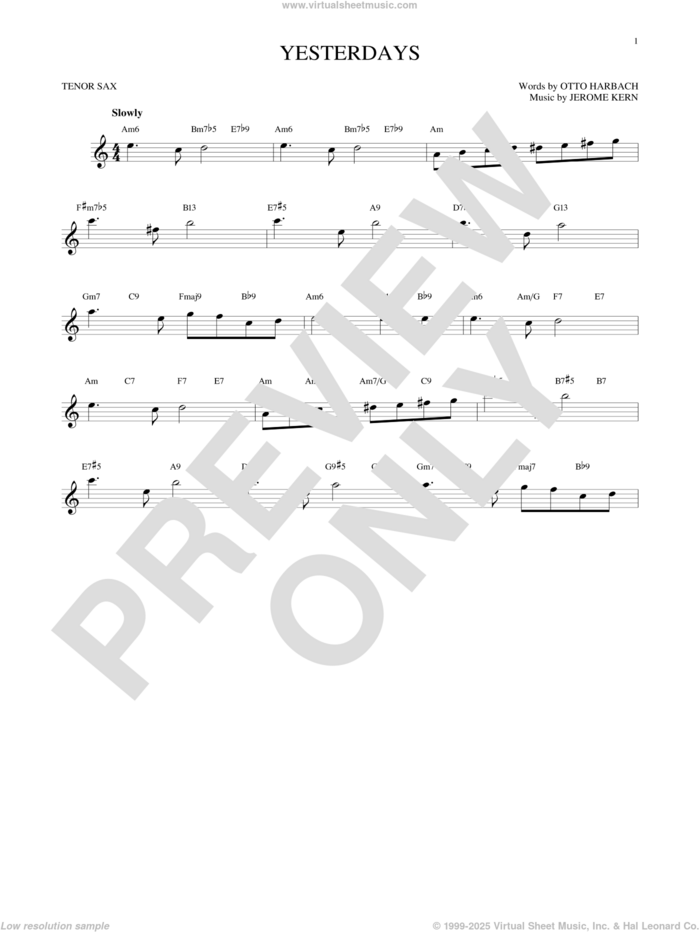 Yesterdays sheet music for tenor saxophone solo by Jerome Kern and Otto Harbach, intermediate skill level