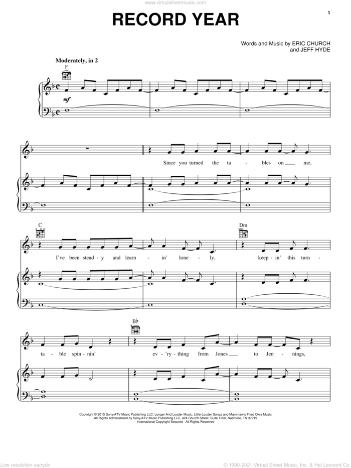 Record Year sheet music for voice, piano or guitar by Eric Church and Jeff Hyde, intermediate skill level
